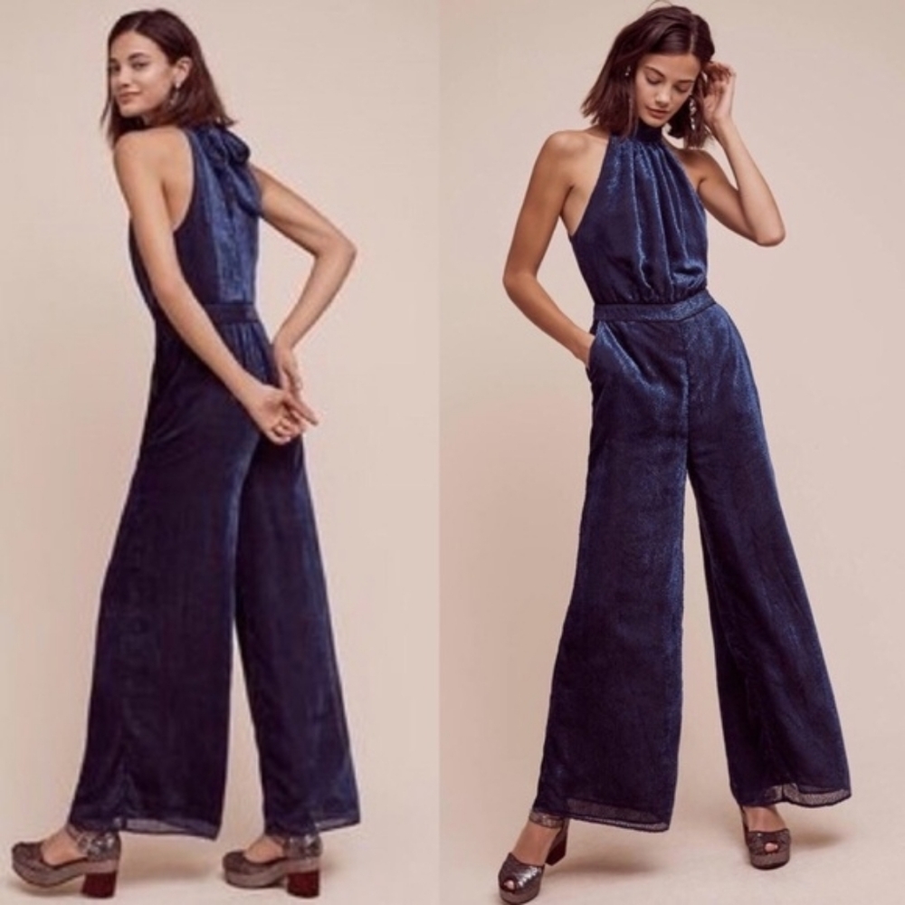 💘 Anthropologie Elevenses Blue Halter Jumpsuit